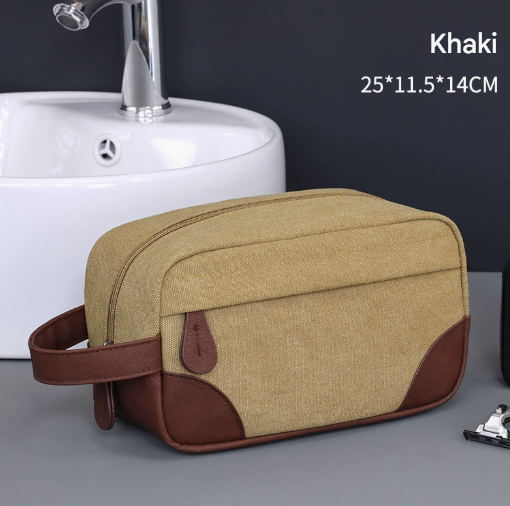 Khaki Men's Vintage Canvas Toiletry Bag PU Leather Accent Travel Wash Pouch Large Capacity Shaving Kit Organiser