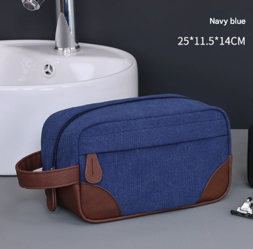 Navy Blue Men's Vintage Canvas Toiletry Bag PU Leather Accent Travel Wash Pouch Large Capacity Shaving Kit Organiser