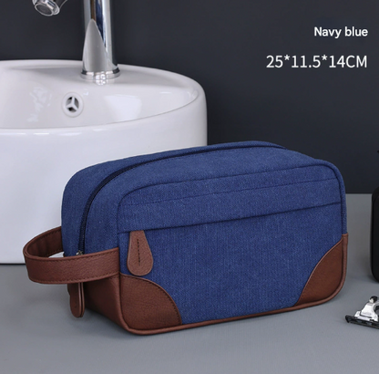 Navy Blue Men's Vintage Canvas Toiletry Bag PU Leather Accent Travel Wash Pouch Large Capacity Shaving Kit Organiser