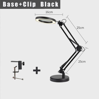 2-in-1 Black LED Magnifier Desk Lamp With Base and Clip - Hands-Free, Dimmable 3-Color Light for Crafts & Workbench