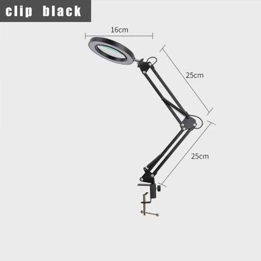 2-in-1 Black LED Magnifier Desk Lamp With Clip - Hands-Free, Dimmable 3-Color Light for Crafts & Workbench