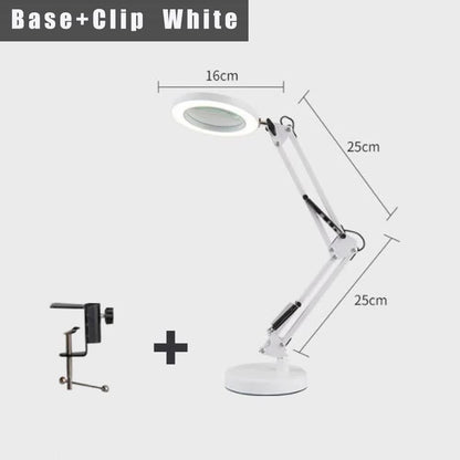 2-in-1 White LED Magnifier Desk Lamp With Base and Clip - Hands-Free, Dimmable 3-Color Light for Crafts & Workbench