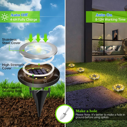 4-Pack Solar LED In-Ground Warm Yellow Light Set (Single 7.1x7.1x6.1cm) - Stainless Steel Waterproof Outdoor Garden Pathway and Landscape Spike Lamp