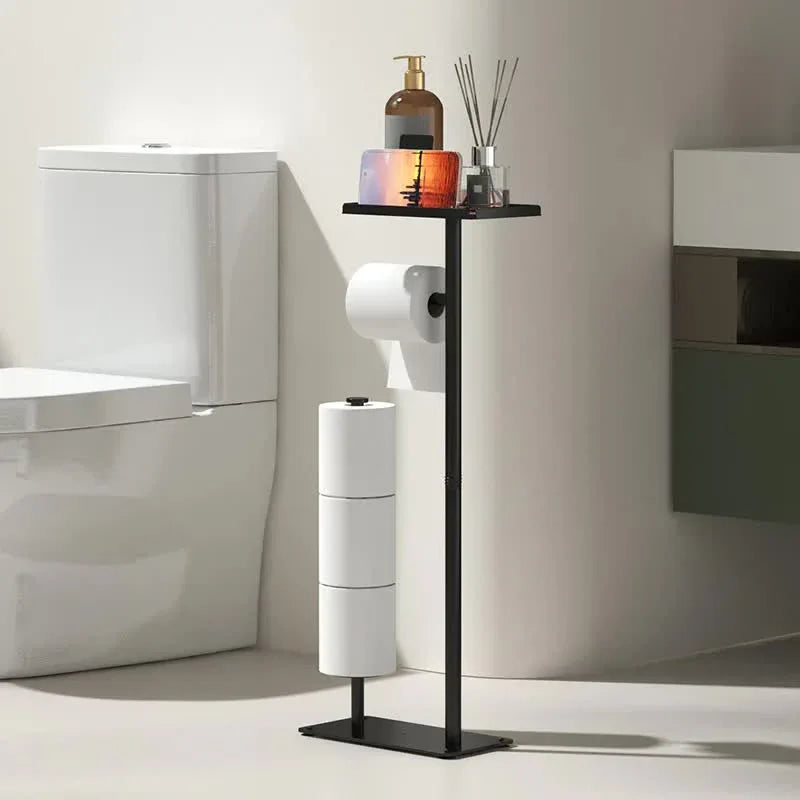 2-in-1 Freestanding Toilet Paper Holder - Thick Carbon Steel with Matte Black Finish, Storage Top and 2 * Paper Roll Holder
