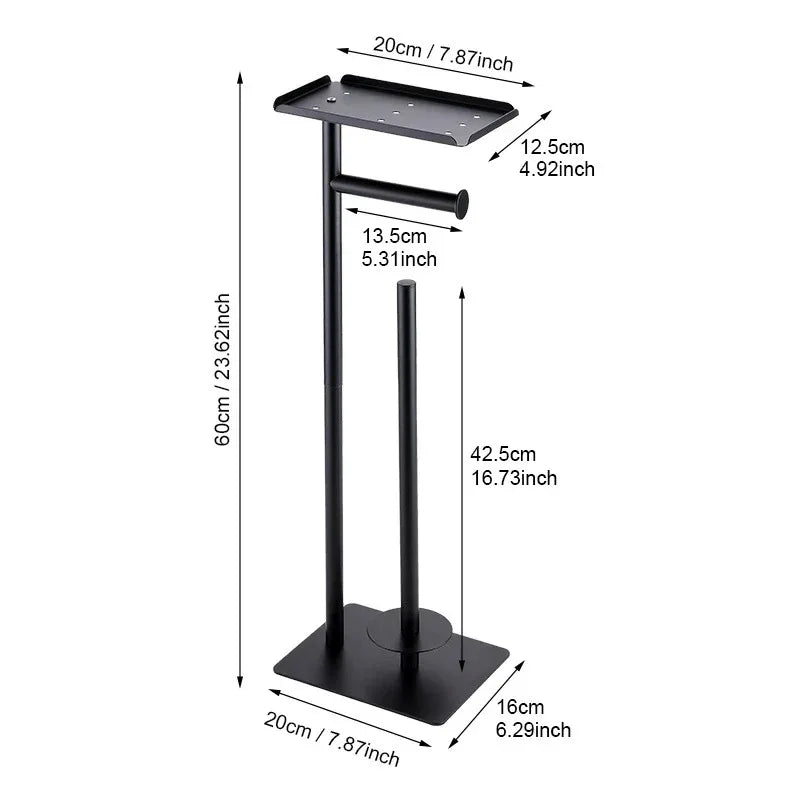 2-in-1 Freestanding Toilet Paper Holder - Thick Carbon Steel with Matte Black Finish, Storage Top and 2 * Paper Roll Holder