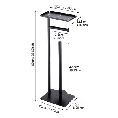 2-in-1 Freestanding Toilet Paper Holder - Thick Carbon Steel with Matte Black Finish, Storage Top and 2 * Paper Roll Holder