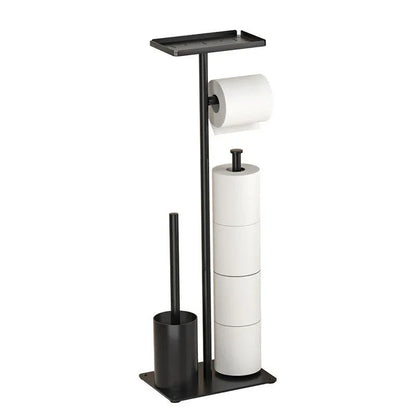 3-in-1 Freestanding Toilet Paper Holder - Thick Carbon Steel with Matte Black Finish, Storage Top, Paper Roll Holder, and Integrated Brush Holder
