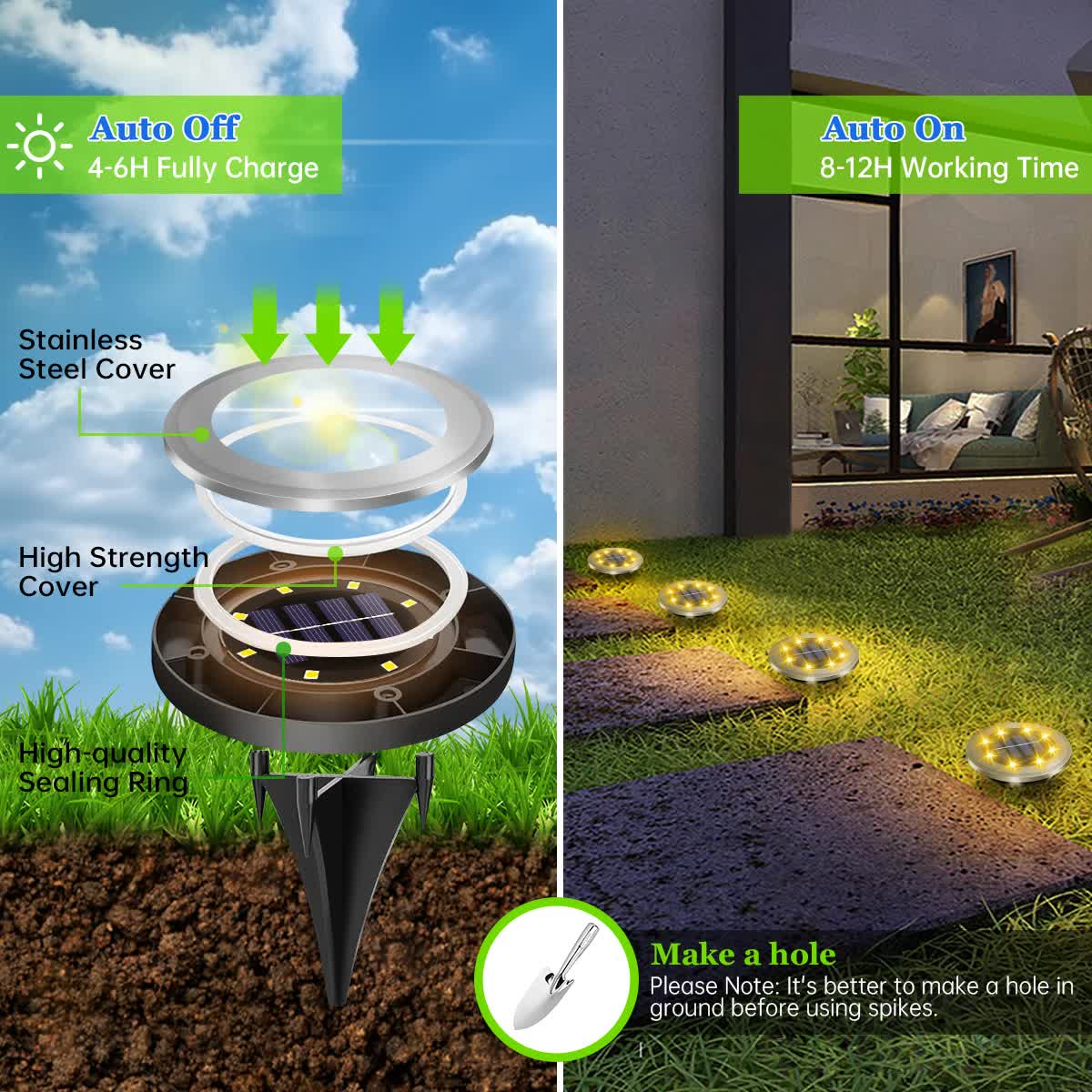 4-Pack New Solar LED In-Ground Yellow Lights (Single 8.3x8.3x10 cm) - Stainless Steel & ABS Waterproof Outdoor Garden Pathway and Landscape Spike Lamp