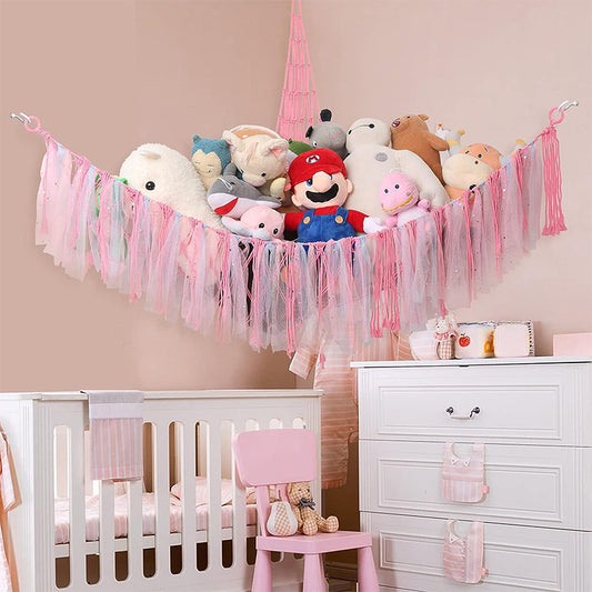 Pink Corner Plush Toy Organizer (100x100x150cm)  with Ribbon Accent & Installation Kit -  Handwoven Cotton Mesh Toy Storage Hammock