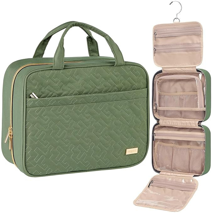 Green Large Capacity Hanging Toiletry Bag for Women(30.5 x 22.5 x 12 cm) - Checked Pattern Waterproof Cosmetic Organizer, Dry/Wet Separation & Multi-Compartment