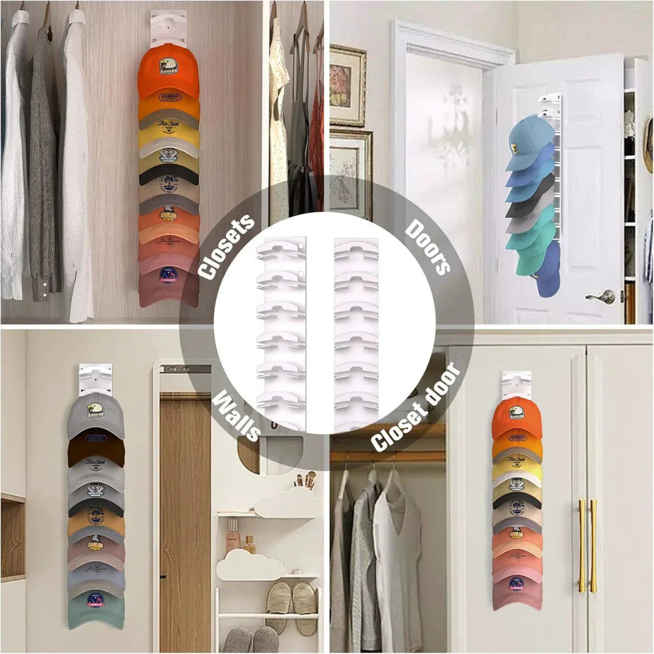 2-Pack 10-Tier White Wall-Mounted Hat Rack with Installation Accessories - Space-Saving Plastic Baseball Cap and Other Hat Organizers
