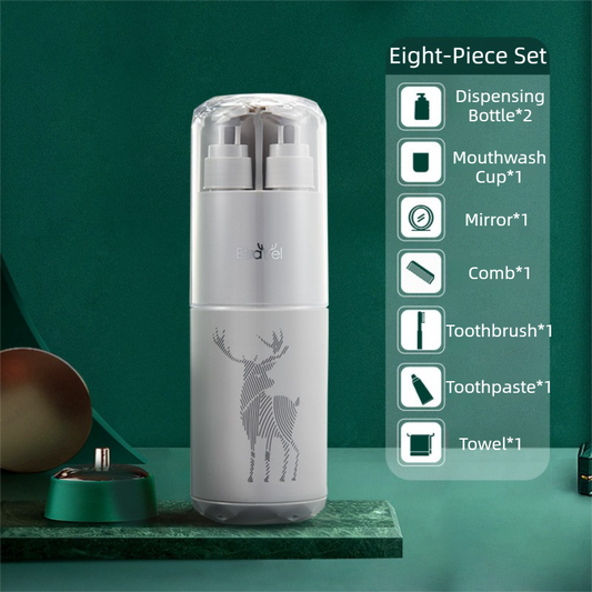 Grey Deluxe 8-in-1 Travel Toiletry Set - Portable All-in-One Toothbrush Holder, Wash Cup, Towel and 2 * Refill Bottles for Travel & Camping