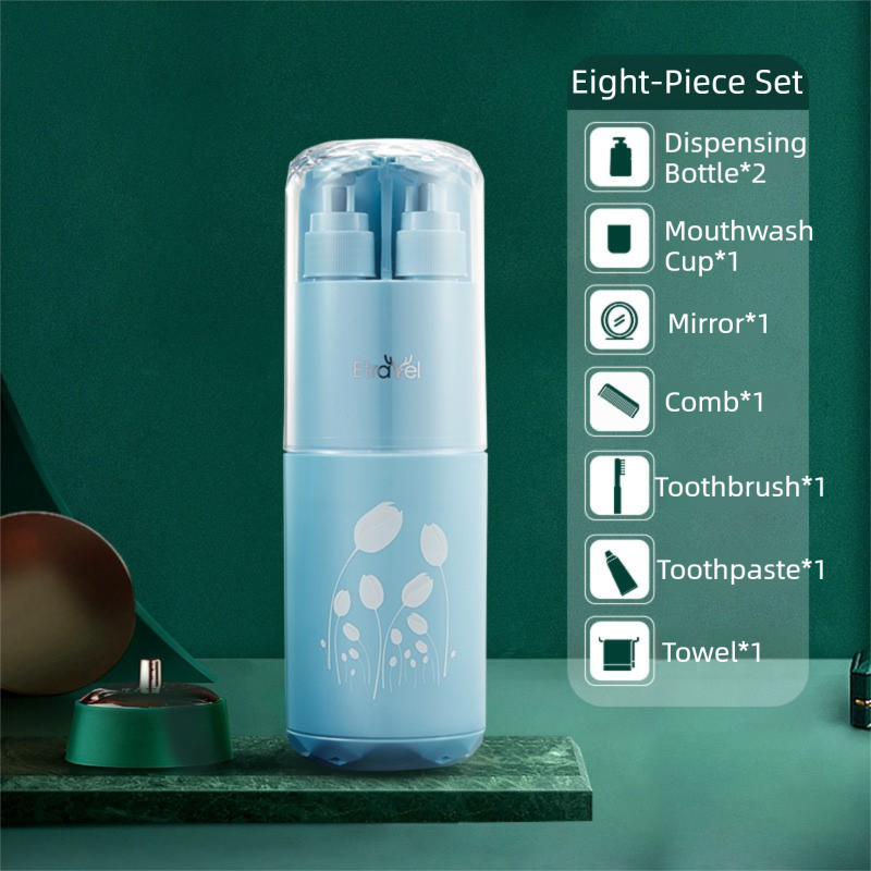 Blue Deluxe 8-in-1 Travel Toiletry Set - Portable All-in-One Toothbrush Holder, Wash Cup, Towel and 2 * Refill Bottles for Travel & Camping