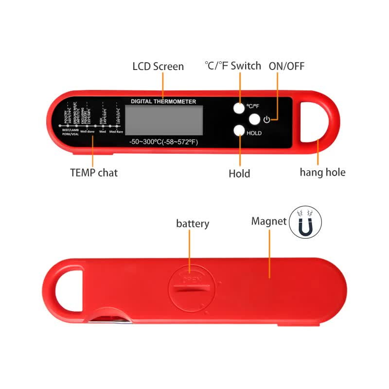 Red Folding Probe Digital LED Food Thermometer(-50℃ to 300℃) - Kitchen Cooking BBQ Meat Milk Temperature Gauge, High Accuracy with Magnet & Hanging Hole