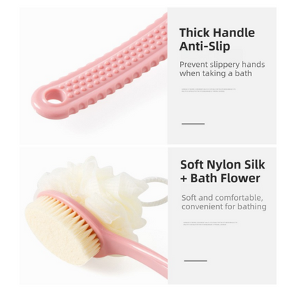 2-Pack Pink 2-in-1 Soft Bristle Long Handle Bath Brush & Shower Pouf Combo - Double-Sided Back Scrubber for Adults & Kids