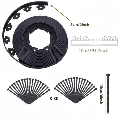 Black L-Shape PE Landscape Edging Roll Kit (5CM Height x 10M Long) - Anti-Root Lawn & Garden Divider with 30 Ground Stakes