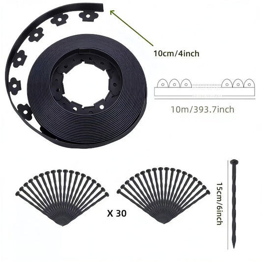 Black L-Shape PE Landscape Edging Roll Kit (10CM Height x 10M Long) - Anti-Root Lawn & Garden Divider with 30 Ground Stakes