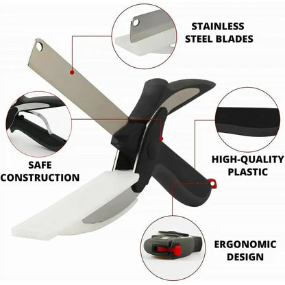 2-in-1 Ingenious Cutter Food Chopper & Scissor for Kitchen Versatile Use - 420 Stainless Steel Blade & Cutting Board Base,  with Safety Lock