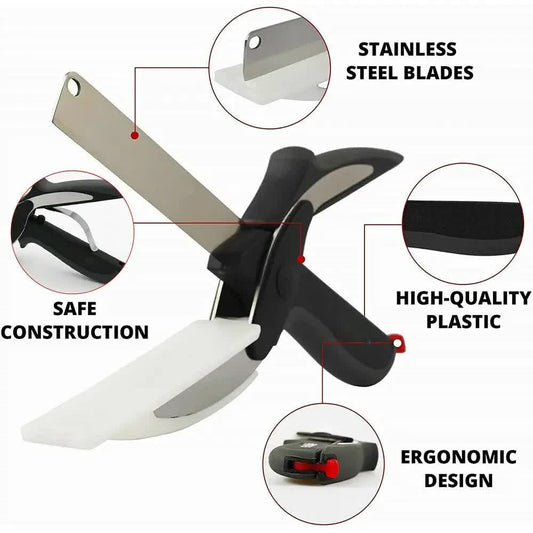 2-in-1 Ingenious Cutter Food Chopper & Scissor for Kitchen Versatile Use - 420 Stainless Steel Blade & Cutting Board Base,  with Safety Lock