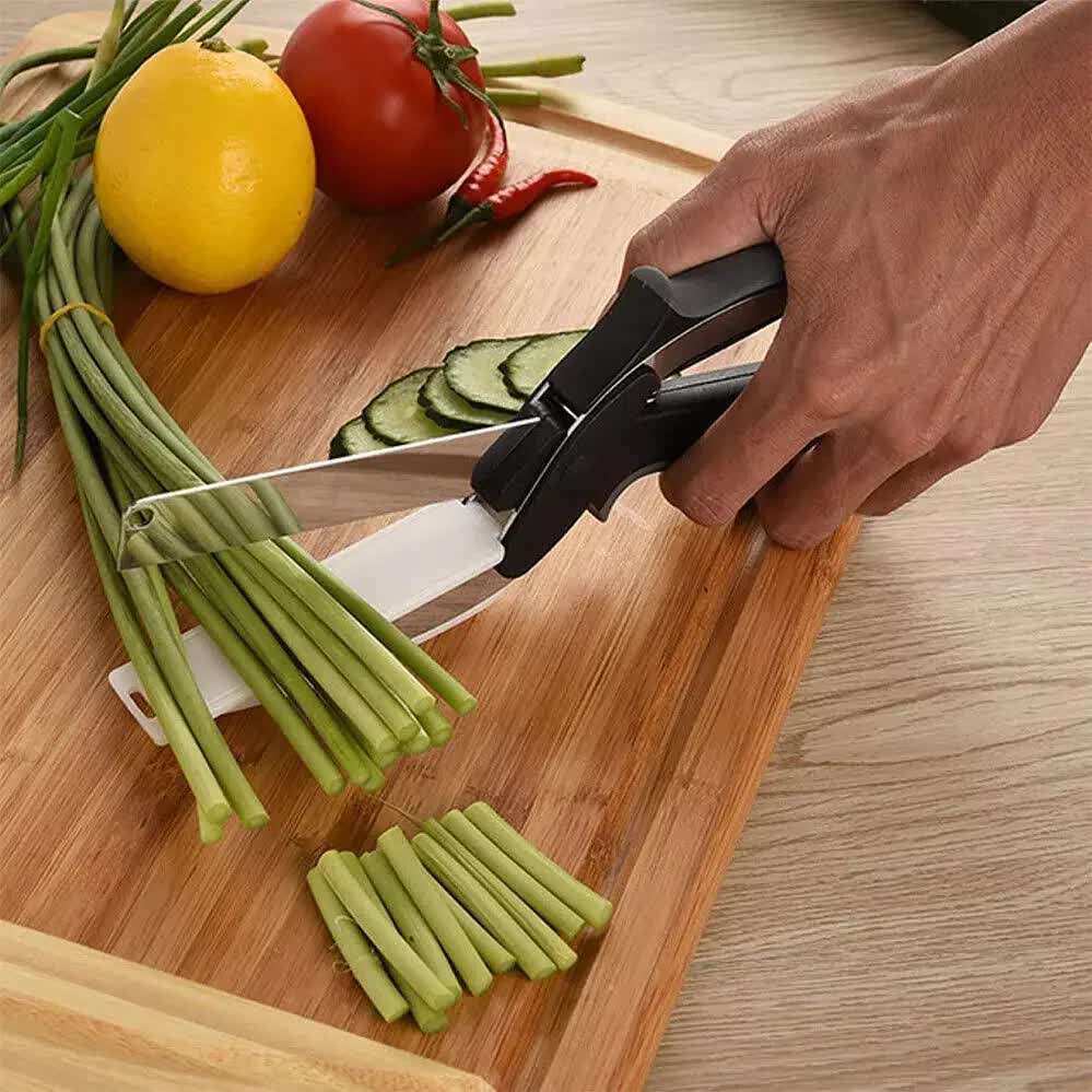 2-in-1 Ingenious Cutter Food Chopper & Scissor for Kitchen Versatile Use - 420 Stainless Steel Blade & Cutting Board Base,  with Safety Lock