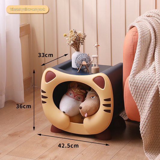Yellow Cute Cat-Themed Stackable Storage Bin - Multi-purpose Pet Bed & Toy Organizer