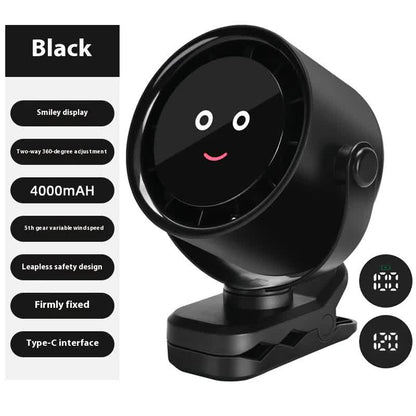 Black Portable Stroller Fan with LED Display - Bladeless Safety Clip-On Fan for Baby & Desk (4000mAh, 360 degree Rotation)