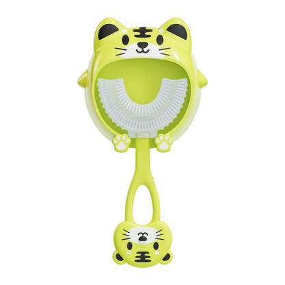 Green tiger U-Shaped Kids Toothbrush - Food Grade Silicone Manual Toothbrush for 2-12 Year Olds - 360 degree Full Mouth Cleaning Baby Oral Care - Comes with Wall Mount Holder