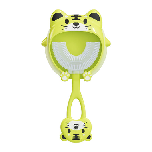 Green tiger U-Shaped Kids Toothbrush - Food Grade Silicone Manual Toothbrush for 2-12 Year Olds - 360 degree Full Mouth Cleaning Baby Oral Care - Comes with Wall Mount Holder