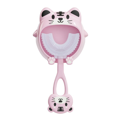 Pink tiger U-Shaped Kids Toothbrush - Food Grade Silicone Manual Toothbrush for 2-12 Year Olds - 360 degree Full Mouth Cleaning Baby Oral Care - Comes with Wall Mount Holder