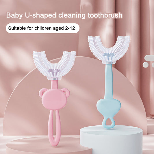 Pink tiger U-Shaped Kids Toothbrush - Food Grade Silicone Manual Toothbrush for 2-12 Year Olds - 360 degree Full Mouth Cleaning Baby Oral Care - Comes with Wall Mount Holder