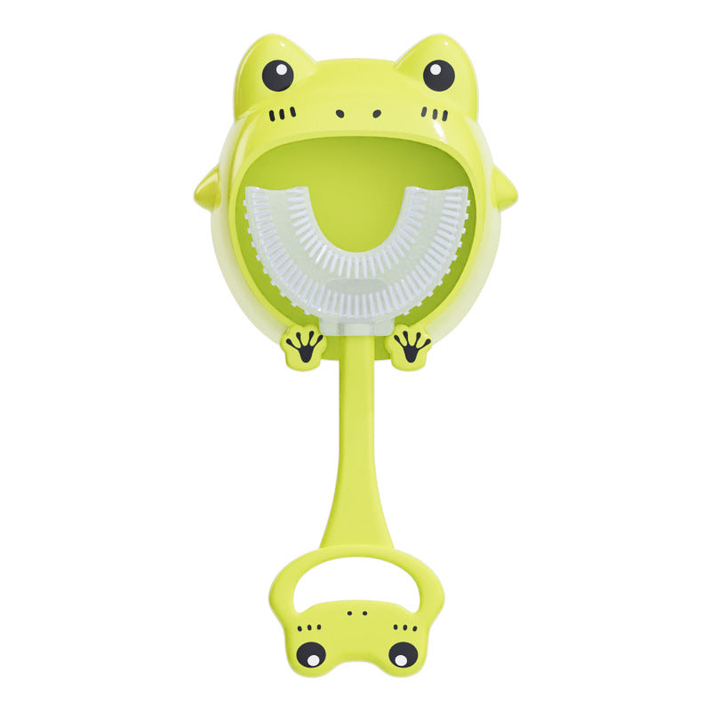 Green frog U-Shaped Kids Toothbrush - Food Grade Silicone Manual Toothbrush for 2-12 Year Olds - 360 degree Full Mouth Cleaning Baby Oral Care - Comes with Wall Mount Holder