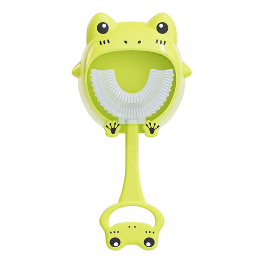 Green frog U-Shaped Kids Toothbrush - Food Grade Silicone Manual Toothbrush for 2-12 Year Olds - 360 degree Full Mouth Cleaning Baby Oral Care - Comes with Wall Mount Holder