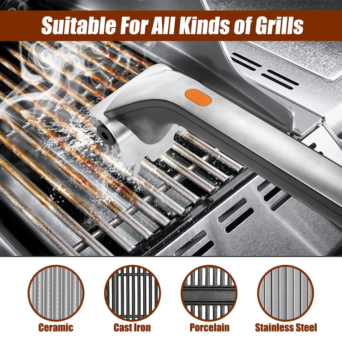 Powerful Electric Steam Grill Brush with Built-in Scraper - Deep Clean for All BBQ Grates
