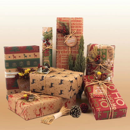 Christmas Gift Wrapping Paper 6-Pack - Vintage Kraft Style for Holiday Presents, 70x100cm