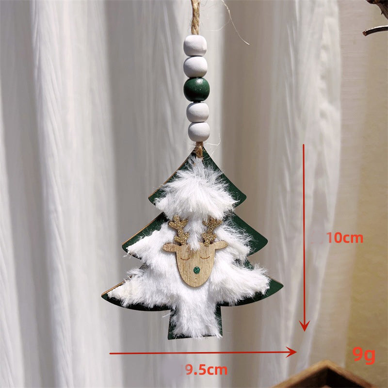 3-PCS Green wood chip trees Christmas Ornaments Hanging Pendants Nordic Style Gnomes and Reindeer with Faux Fur and Beads for Xmas Tree Home Party Decoration