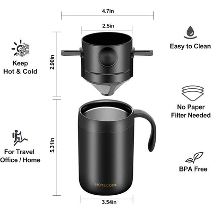 White Portable Pour Over Coffee Maker Set Insulated Stainless Steel Travel Mug with Reusable Drip Filter and Spoon 3 Piece Kit