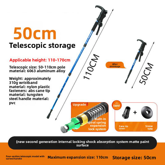 Blue Professional Outdoor Trekking Pole – Lightweight Aluminum Alloy Adjustable Walking Stick with Shock Absorption System for Hiking, Climbing, and Kids | 4-Section Collapsible Design with Ergonomic Curved Handle