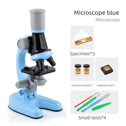 Blue Kids Biological Microscope Kit 100x 400x 1200x LED Magnification STEM Science Toy for School Students with Sample Slides