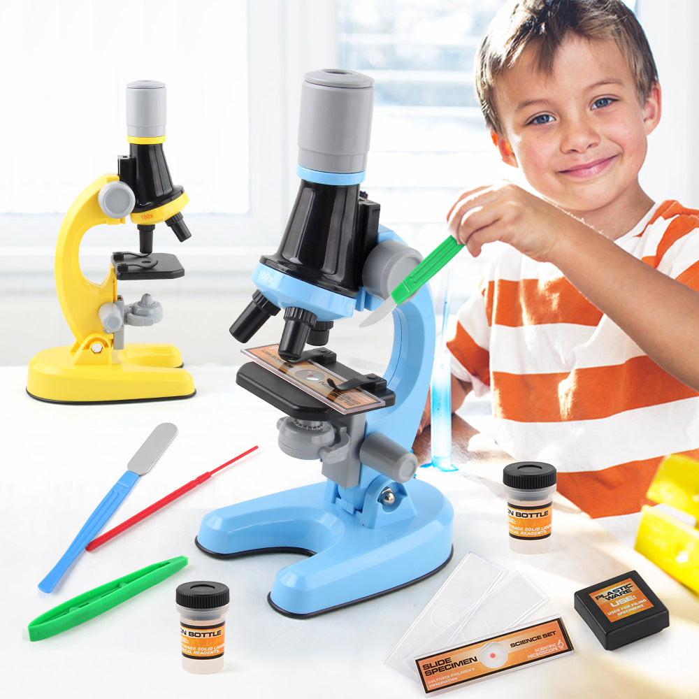 Blue Kids Biological Microscope Kit 100x 400x 1200x LED Magnification STEM Science Toy for School Students with Sample Slides