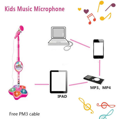 Pink Kids Star Karaoke Microphone Stand Adjustable Height Music Toy with Flashing Lights and MP3 Connectivity for Boys and Girls