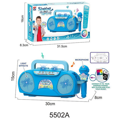 Blue Kids Portable Singing Machine Karaoke Boombox Toy with Microphone Flashing Lights and MP3 Music Player for Boys and Girls