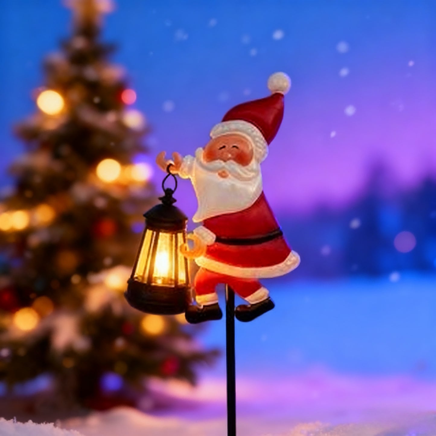 Warm white light Solar Powered Christmas Garden Stake - Metal Santa Claus with Glowing Lantern - Warm White LED Outdoor Decoration - 82cm Height