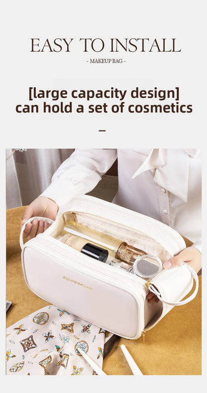 Black Large Capacity PU Leather Makeup Bag Dual Zipper Cosmetic Case Waterproof Travel Toiletry Organiser with Brush Compartment