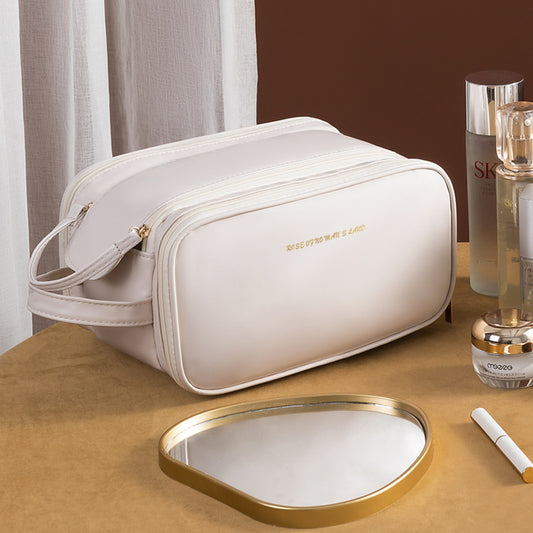 White Large Capacity PU Leather Makeup Bag Dual Zipper Cosmetic Case Waterproof Travel Toiletry Organiser with Brush Compartment