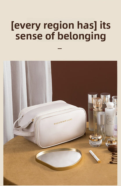 White Large Capacity PU Leather Makeup Bag Dual Zipper Cosmetic Case Waterproof Travel Toiletry Organiser with Brush Compartment