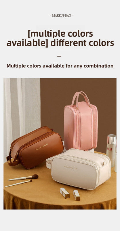 White Large Capacity PU Leather Makeup Bag Dual Zipper Cosmetic Case Waterproof Travel Toiletry Organiser with Brush Compartment