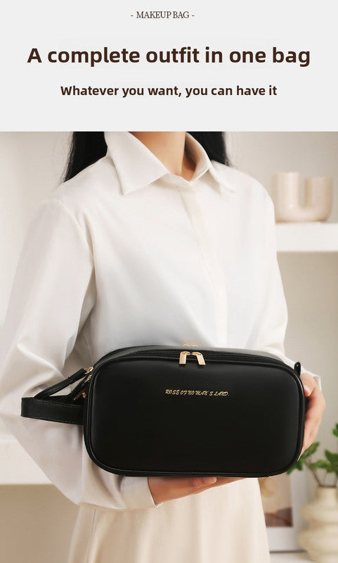 White Large Capacity PU Leather Makeup Bag Dual Zipper Cosmetic Case Waterproof Travel Toiletry Organiser with Brush Compartment