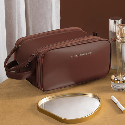 Brown Large Capacity PU Leather Makeup Bag Dual Zipper Cosmetic Case Waterproof Travel Toiletry Organiser with Brush Compartment