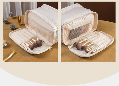 Brown Large Capacity PU Leather Makeup Bag Dual Zipper Cosmetic Case Waterproof Travel Toiletry Organiser with Brush Compartment