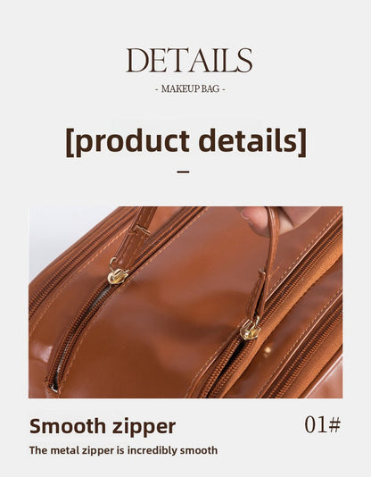Brown Large Capacity PU Leather Makeup Bag Dual Zipper Cosmetic Case Waterproof Travel Toiletry Organiser with Brush Compartment